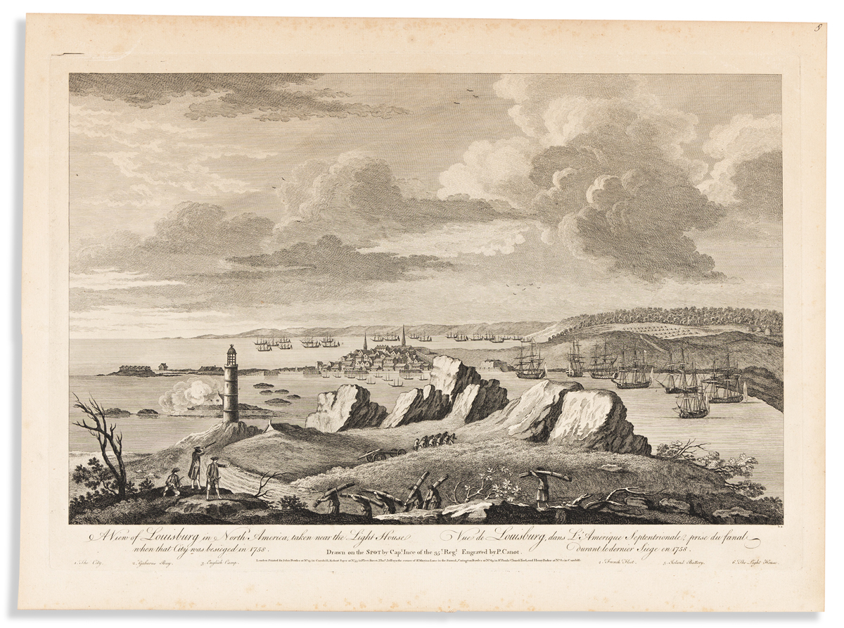 (FRENCH & INDIAN WAR.) Pierre Canot, engraver; after Ince. A View of Louisburg in North America . . . when that City was Besieged.
